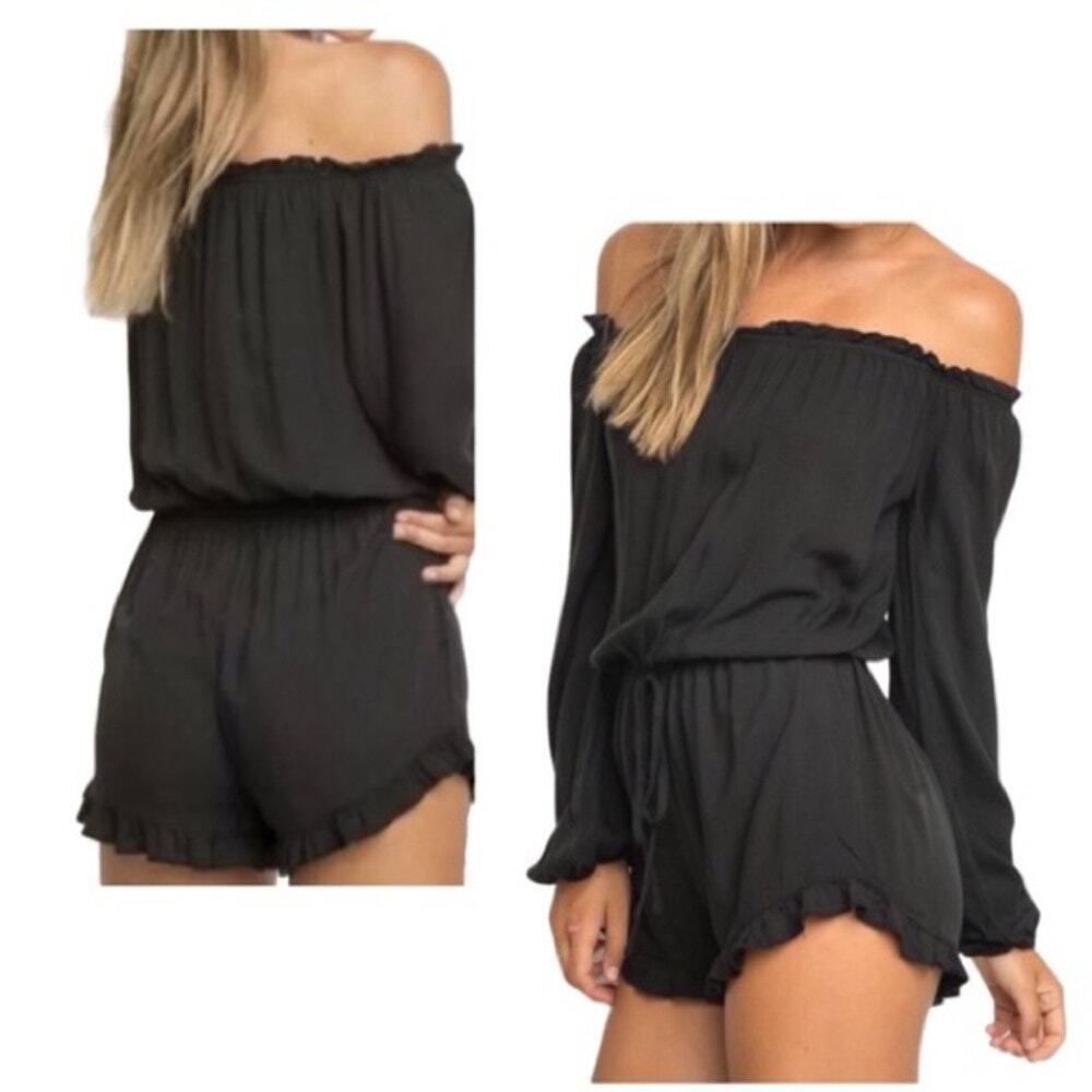 Brandy Melville Black Off The Shoulder Long Sleeve Stretch Ruffle Romper OS